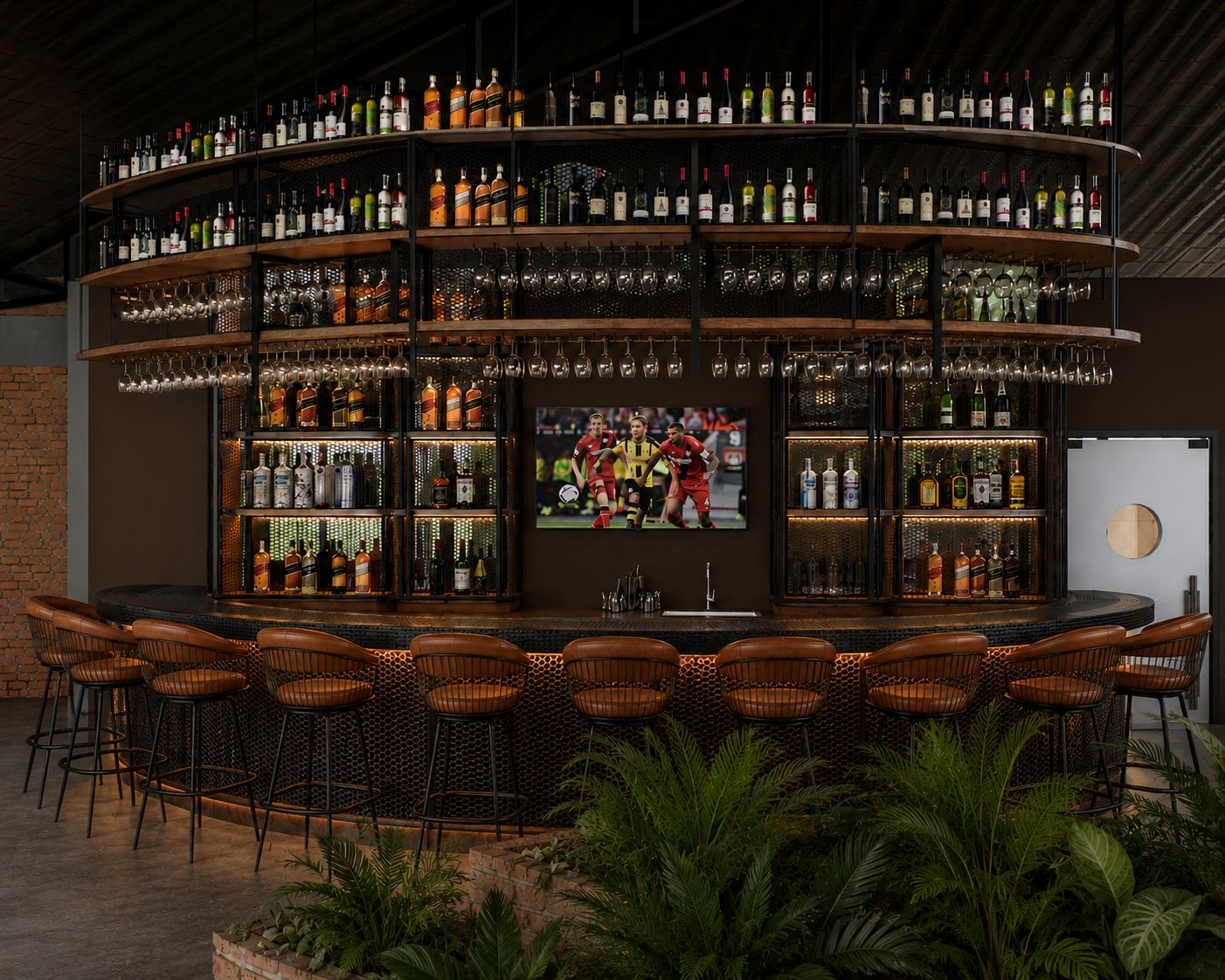 Curved central bar with bottle display and live screens