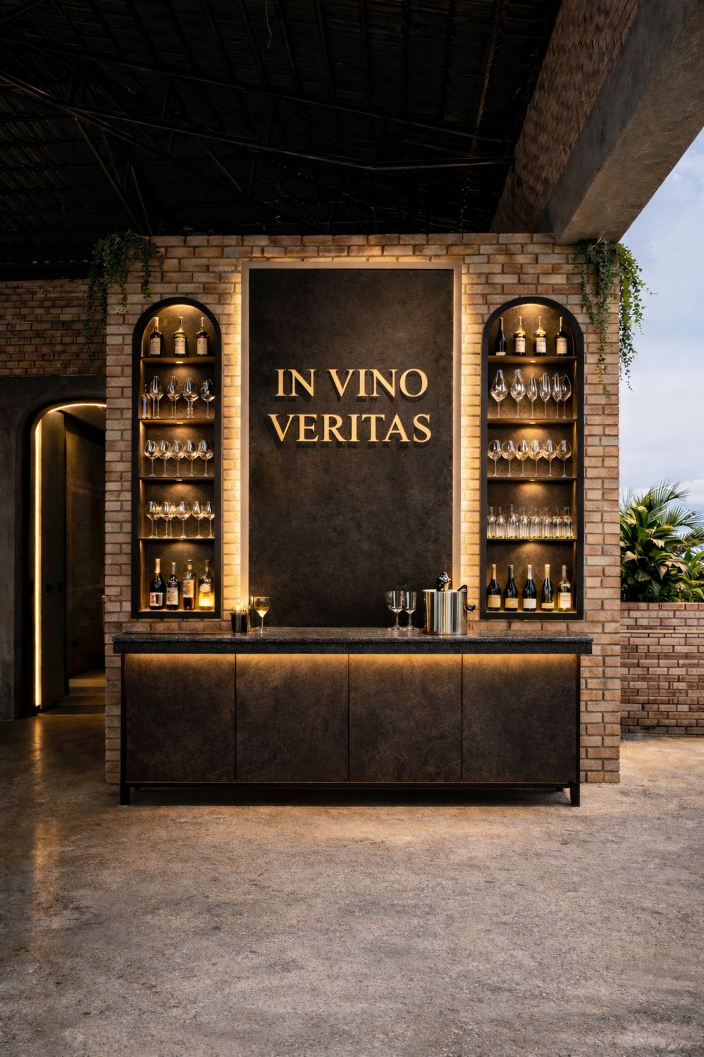 In Vino Veritas illuminated wine and champagne display